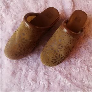 Frye Tan Suede Mules with Pattern